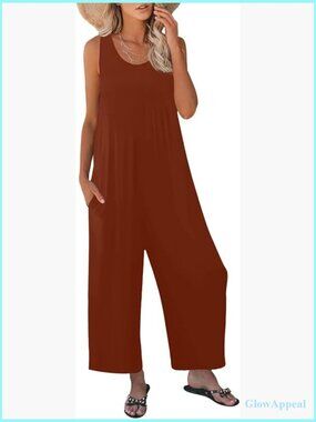 Women's Loose Tank Jumpsuit Sleeveless Crewneck Long Pants Romper with Pockets